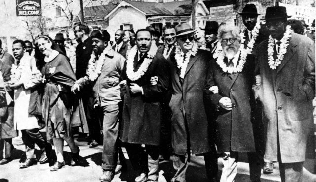 Jewish theologian Abraham Heschel (author of The Prophets) walking with Martin Luther King. Heschel said "it was easier for the children of Israel to cross the red sea than for a Negro to cross certain university campuses"